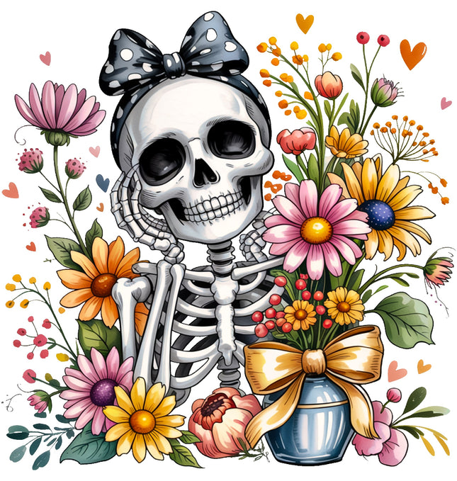 Skeletal figure with a bow surrounded by colorful flowers and a vase fabric panel