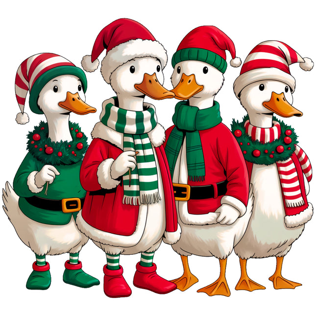 Four cartoon ducks dressed in Christmas-themed outfits fabric panel