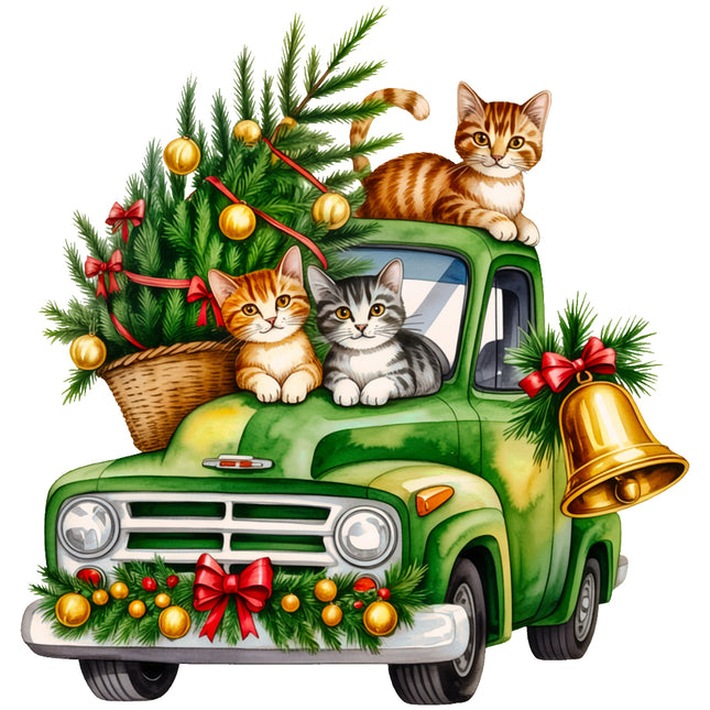 green truck with cats and Christmas decorations fabric panel