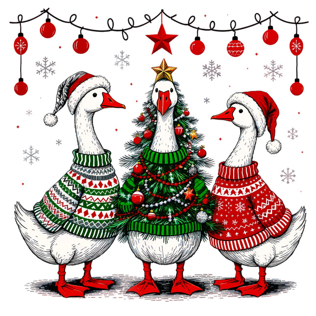 Three ducks in festive sweaters and hats around a Christmas tree with ornaments and lights quilt panel