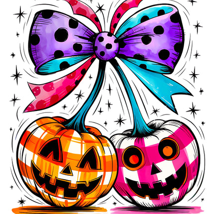Two colorful pumpkins with a large polka dot bow fabric panel