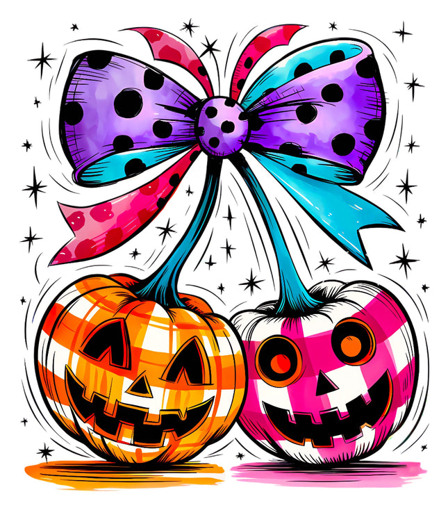 Two colorful pumpkins with a large polka dot bow fabric panel