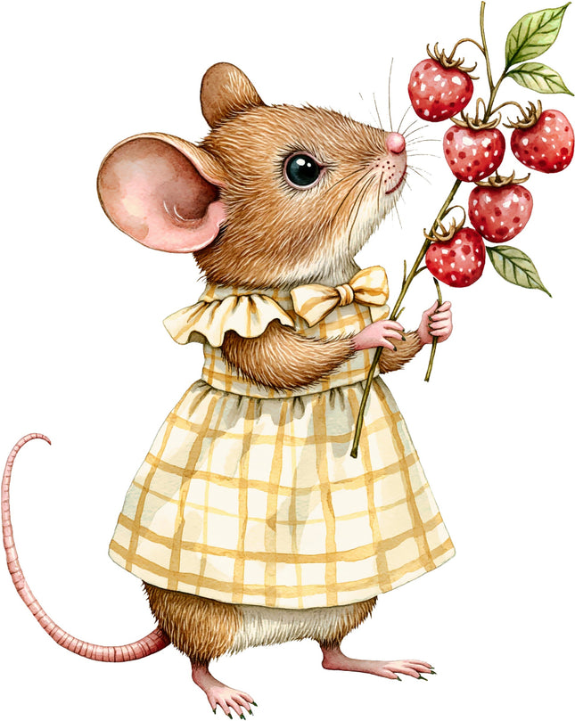 Illustration of a mouse in a yellow dress holding a branch with red apples on a white background fabric panel