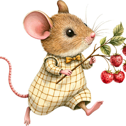 Illustration of a mouse in a checkered outfit holding a branch with strawberries on a white background fabric panel