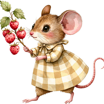 Illustration of a mouse in a checkered dress holding a branch with strawberries on a white background fabric panel