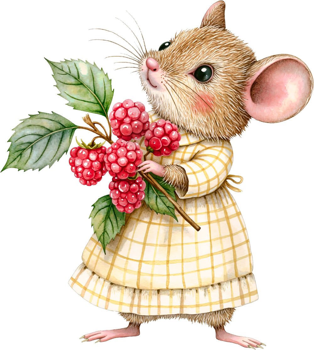 Mouse And Raspberry Fabric Raspberry Mouse 100% Cotton Fabric Panel Block EE804 – Saphie's Fabrics