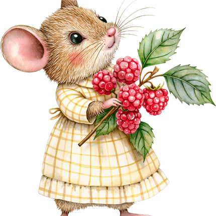 Illustration of a mouse in a yellow dress holding berries on a white background fabric panel