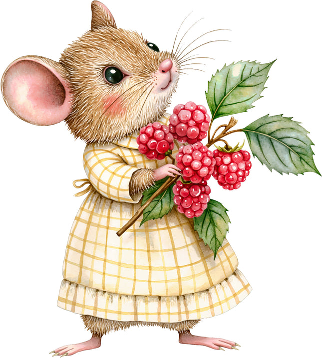 Illustration of a mouse in a yellow dress holding berries on a white background fabric panel