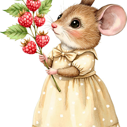 Illustration of a mouse in a yellow dress holding raspberries fabric square