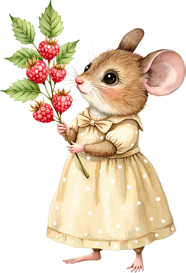 Illustration of a mouse in a yellow dress holding raspberries fabric square