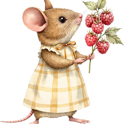 Illustration of a mouse in a dress holding raspberries fabric panel square
