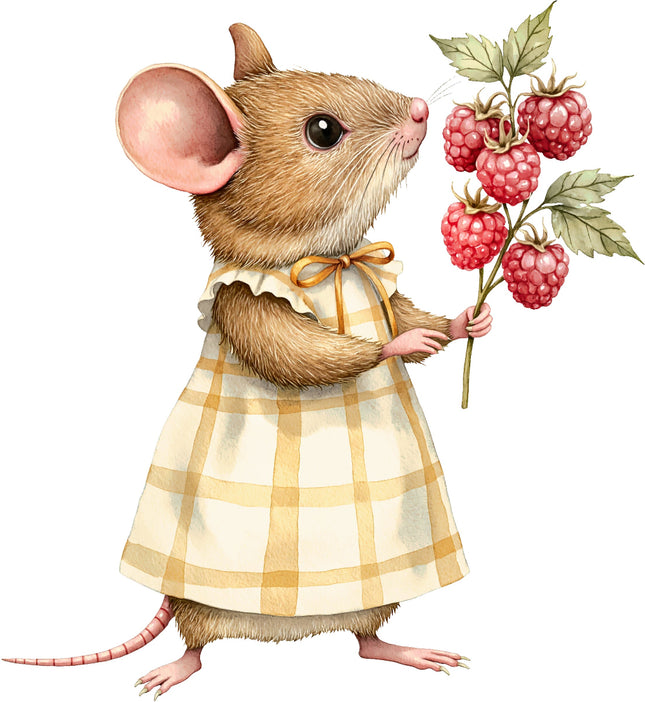 Illustration of a mouse in a dress holding raspberries fabric panel square