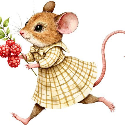 Illustration of a mouse in a plaid dress holding raspberries on a white background quilt block