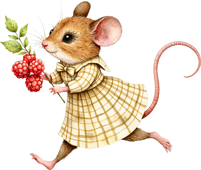 Illustration of a mouse in a plaid dress holding raspberries on a white background quilt block