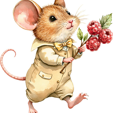 Illustration of a mouse in a suit holding raspberries on a white background quilt block