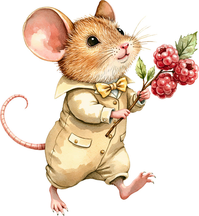 Illustration of a mouse in a suit holding raspberries on a white background quilt block