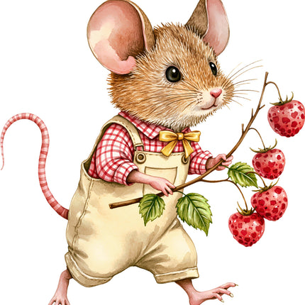 Illustration of a mouse in overalls holding a branch with strawberries on a white background fabric panel