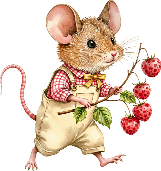 Illustration of a mouse in overalls holding a branch with strawberries on a white background fabric panel