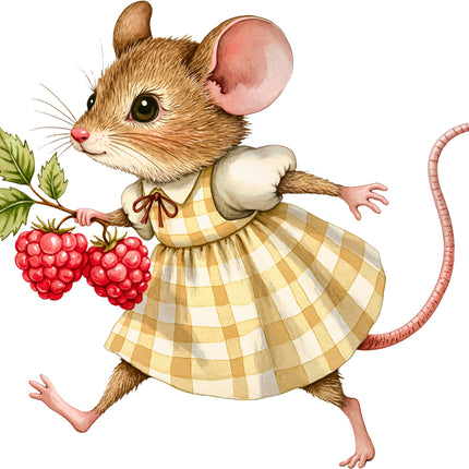 Illustration of a mouse in a checkered dress holding raspberries on a white background fabric panel