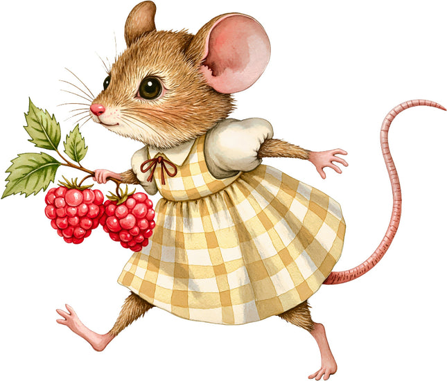 Illustration of a mouse in a checkered dress holding raspberries on a white background fabric panel