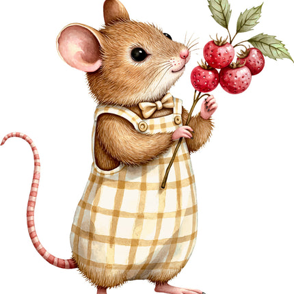 Illustration of a mouse in a checkered outfit holding a branch of strawberries on a white background fabric panel