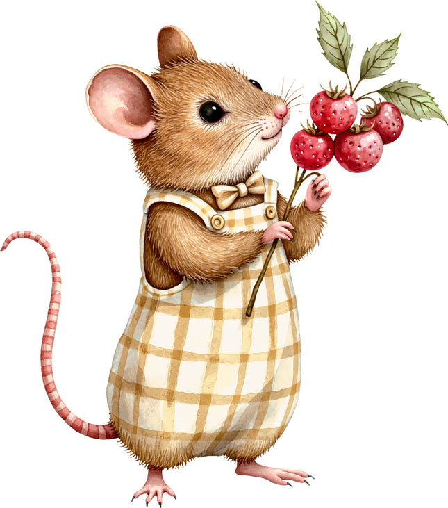 Illustration of a mouse in a checkered outfit holding a branch of strawberries on a white background fabric panel