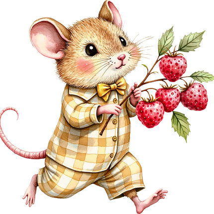 Illustration of a mouse in a checkered outfit holding a branch of strawberries on a white background fabric panel