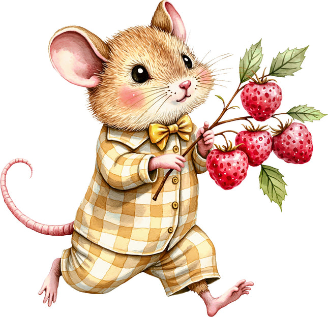 Illustration of a mouse in a checkered outfit holding a branch of strawberries on a white background fabric panel