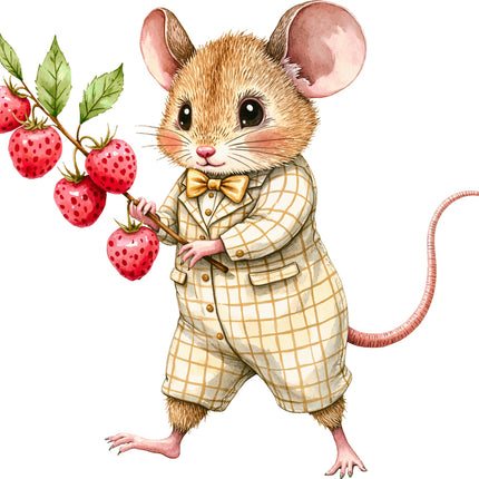 Illustration of a mouse in a suit holding strawberries on a white background fabric panel