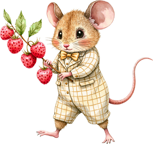 Illustration of a mouse in a suit holding strawberries on a white background fabric panel