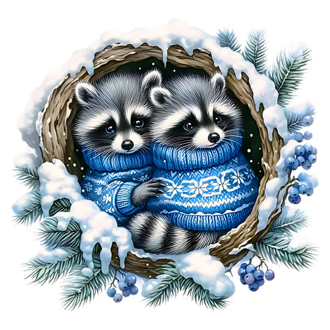 Winter Raccoons 100% Cotton Fabric Panel Block EE881