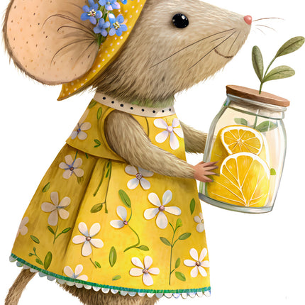 Illustration of a mouse in a yellow dress holding a jar of lemons fabric panel