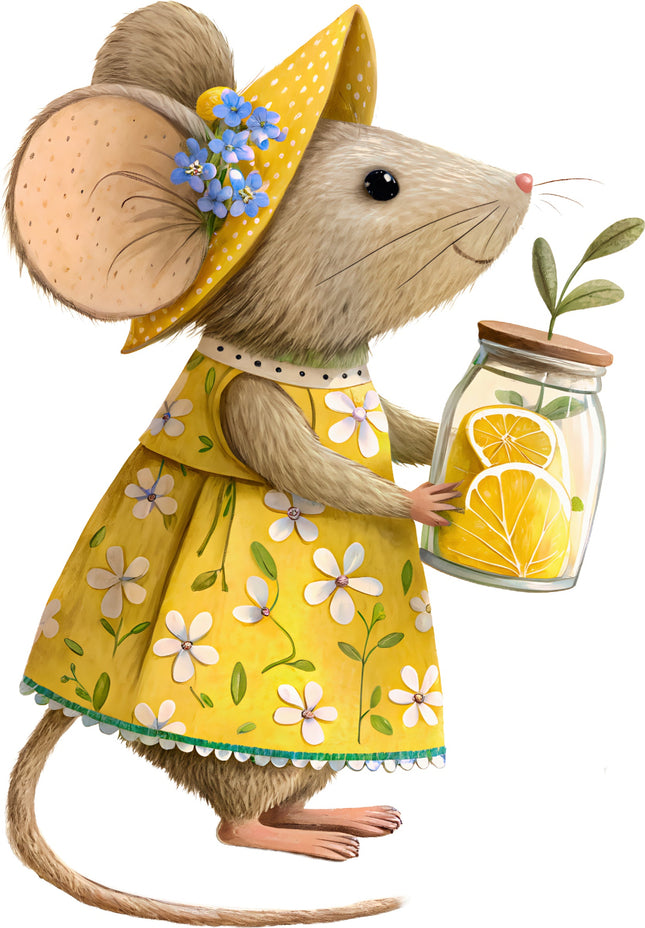 Illustration of a mouse in a yellow dress holding a jar of lemons fabric panel