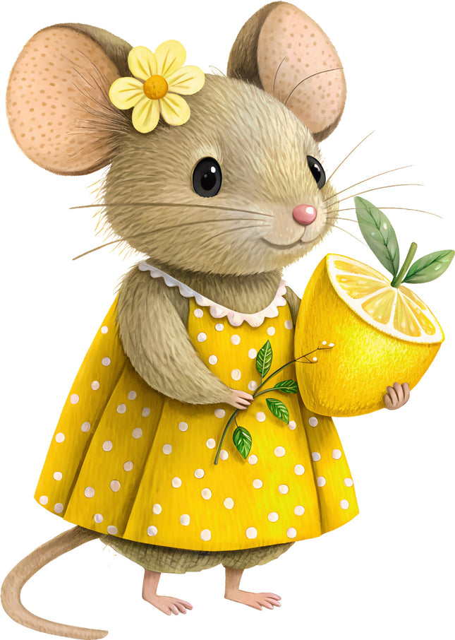 Illustration of a mouse in a yellow dress holding a lemon fabric panel