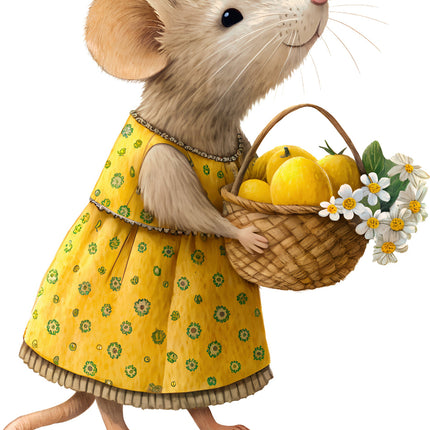 Illustration of a mouse in a yellow dress holding a basket of lemons and flowers fabric panel