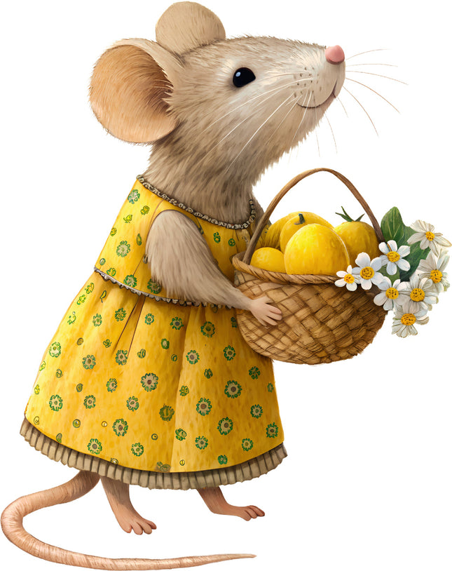 Illustration of a mouse in a yellow dress holding a basket of lemons and flowers fabric panel