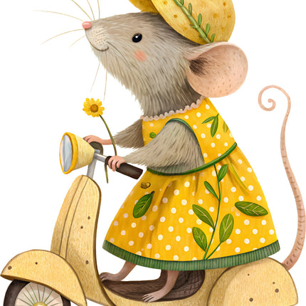 Illustration of a mouse in a yellow dress and hat riding a scooter fabric panel