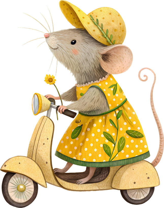 Illustration of a mouse in a yellow dress and hat riding a scooter fabric panel