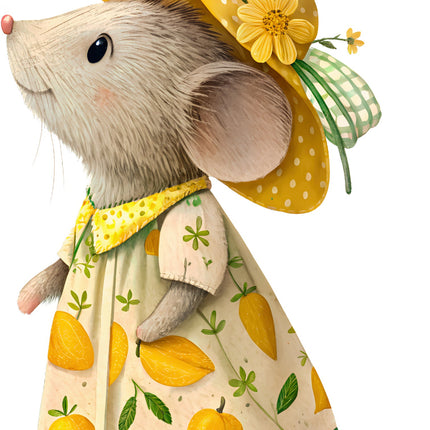 Illustration of a mouse in a yellow dress and hat with floral decorations on a white background fabric panel