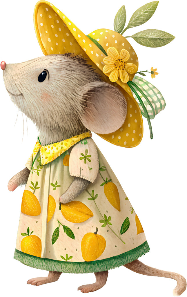 Illustration of a mouse in a yellow dress and hat with floral decorations on a white background fabric panel