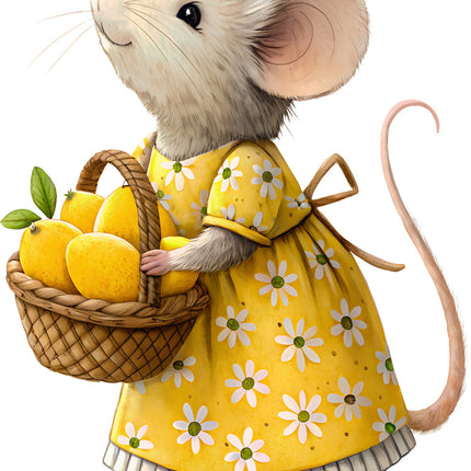 Illustration of a mouse in a yellow dress with a basket of lemons on a white background fabric panel