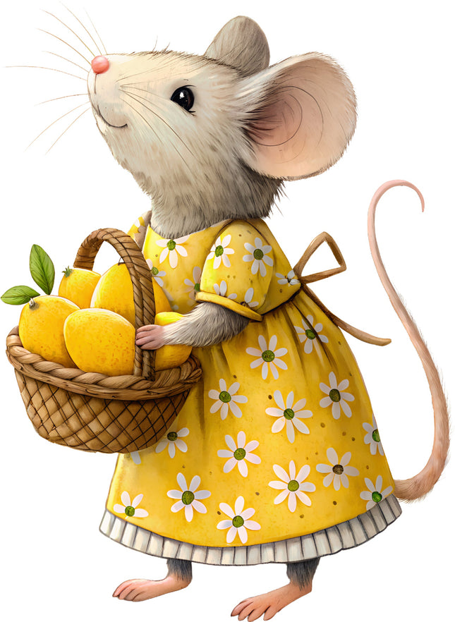 Illustration of a mouse in a yellow dress with a basket of lemons on a white background fabric panel