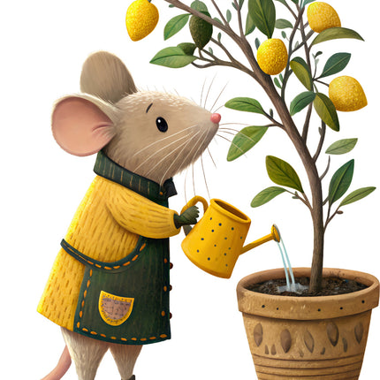 Illustration of a mouse in a yellow sweater watering a lemon tree fabric panel