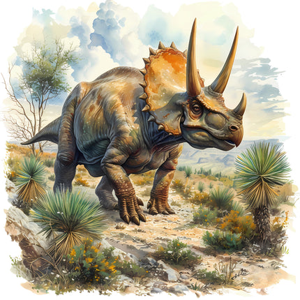 A digitally printed 100% cotton fabric panel featuring a realistic image of a dinosaur in a natural setting with plants and a blue sky.