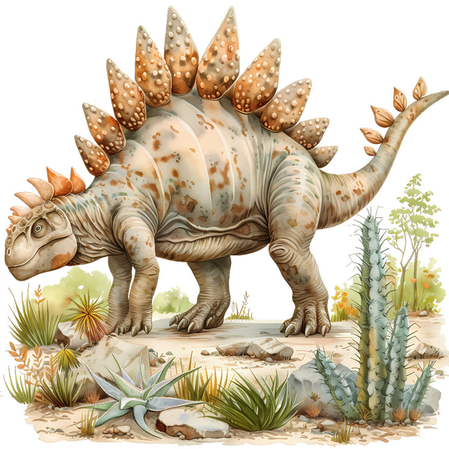 Stegosaurus in a prehistoric landscape fabric panel