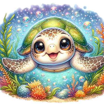A digitally printed fabric panel featuring a cute turtle with a green shell, surrounded by a blue ocean and colorful coral.