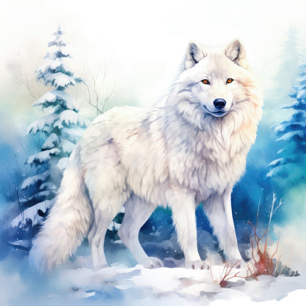 A digitally printed fabric panel featuring a white wolf quilt panel