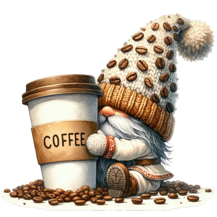 A digital image of a fabric panel featuring a cute gnome sitting beside a large cup of coffee, with coffee beans scattered around.