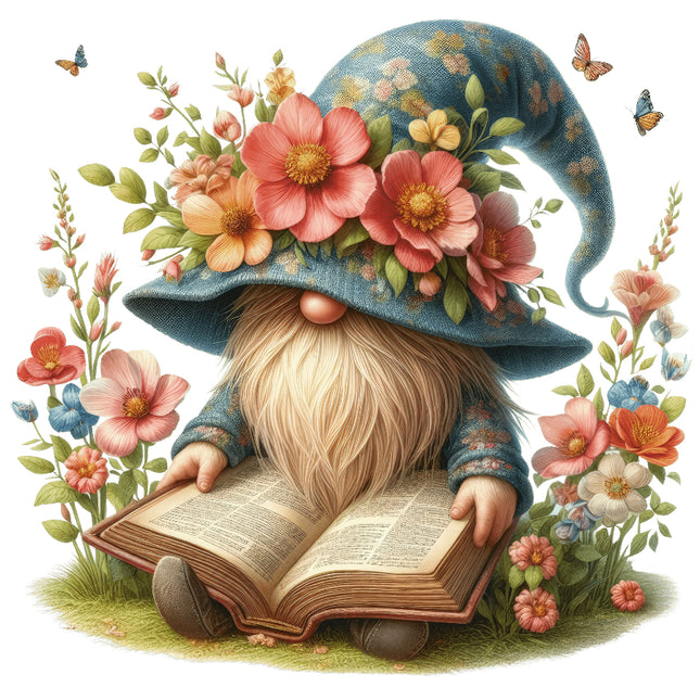 A digital image of a gnome sitting cross-legged on a grassy surface, wearing a floral hat, and reading a book.