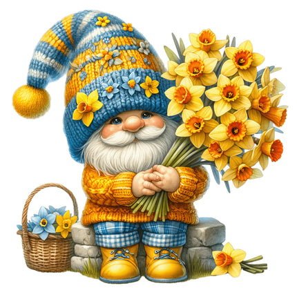 A digital image of a gnome holding a bouquet of daffodil flowers, with a basket of flowers